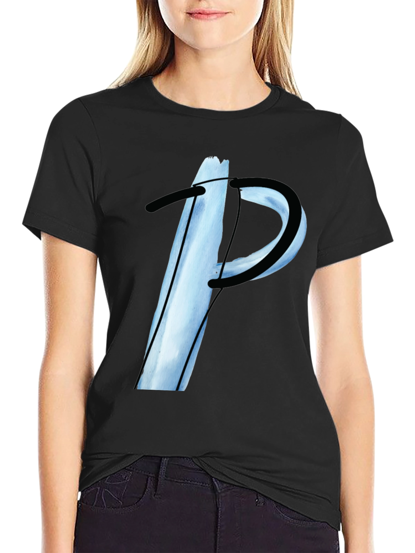 Abstract Letter P Graphic Tee - Black Casual T-Shirt