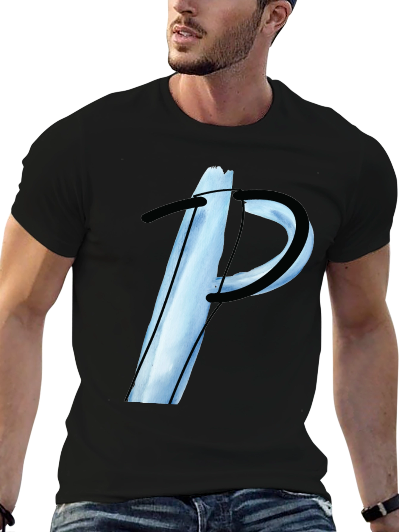Abstract Letter P Graphic Tee - Black Casual T-Shirt