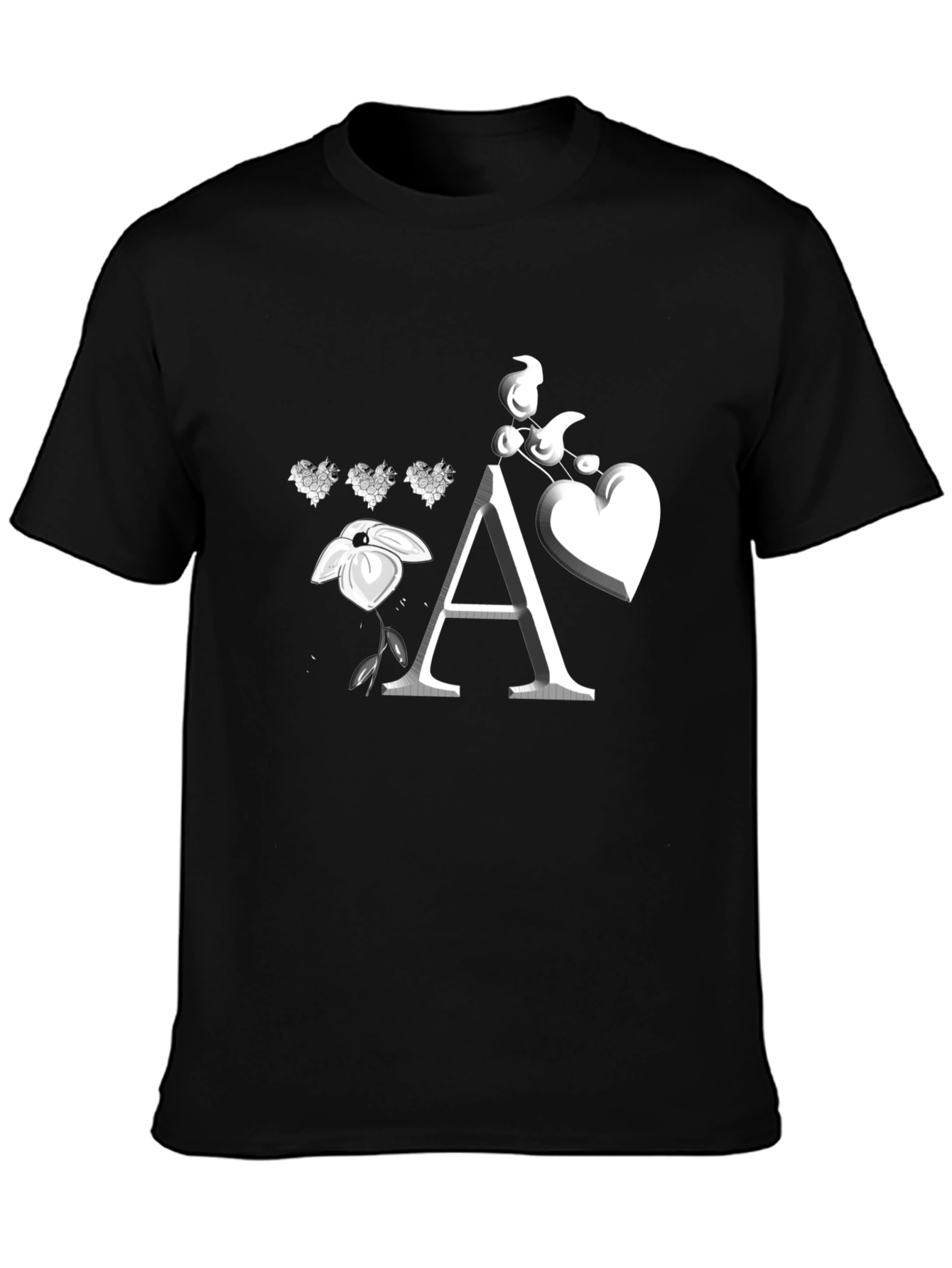 Floral Heart Initial A Black T-Shirt