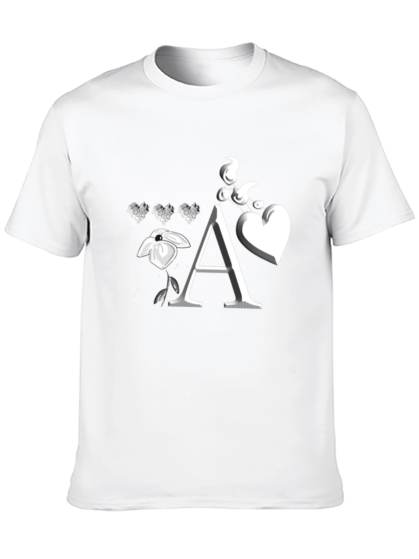 Floral Heart Initial A Black T-Shirt
