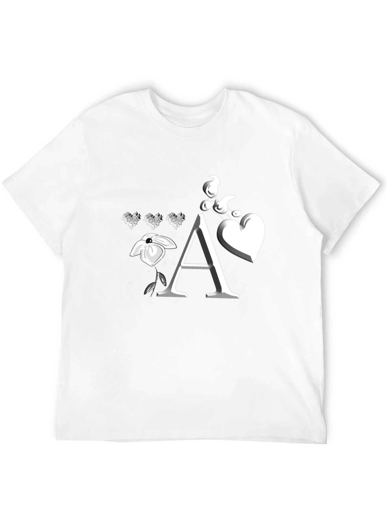 Floral Heart Initial A Black T-Shirt