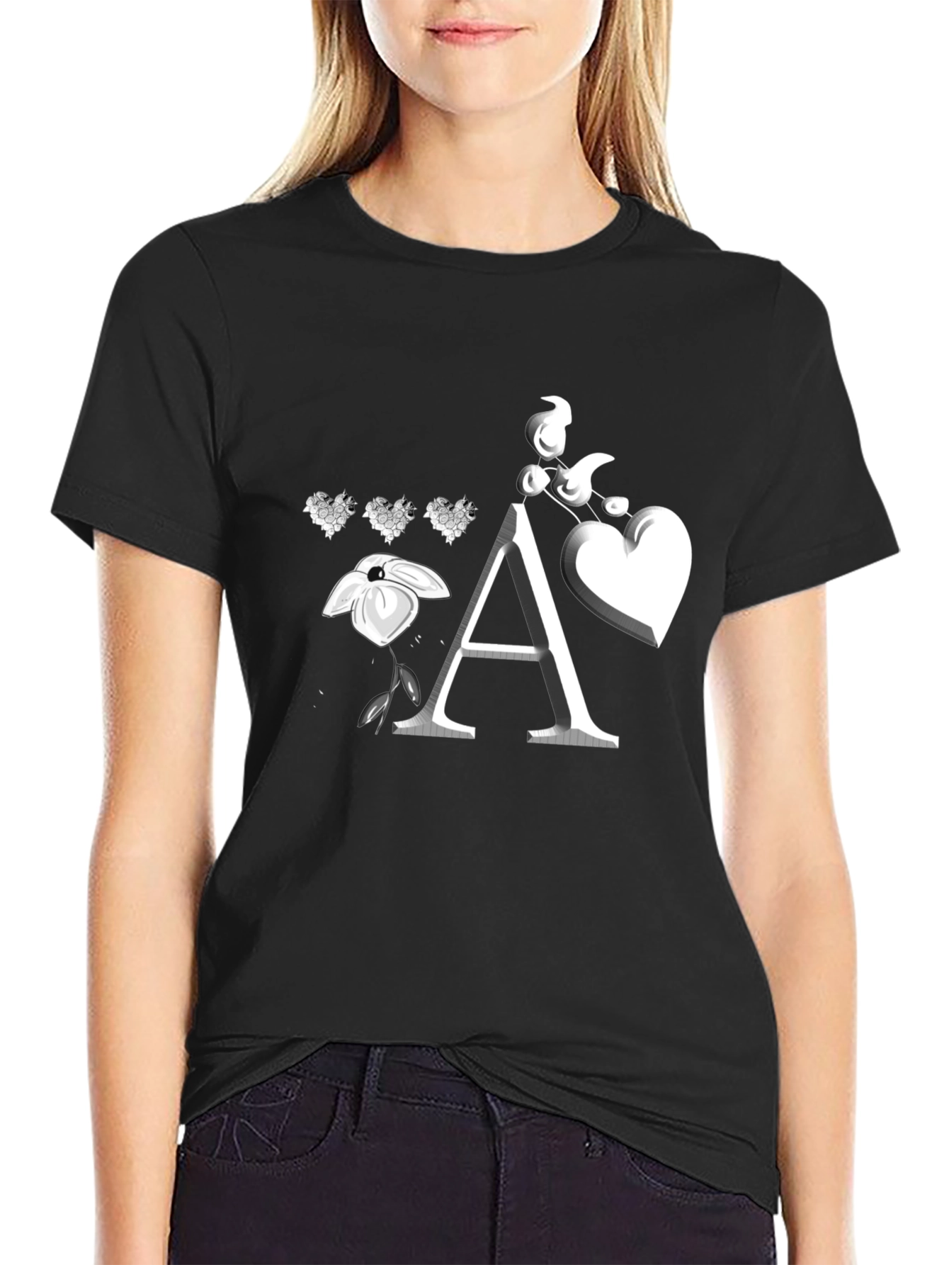 Floral Heart Initial A Black T-Shirt