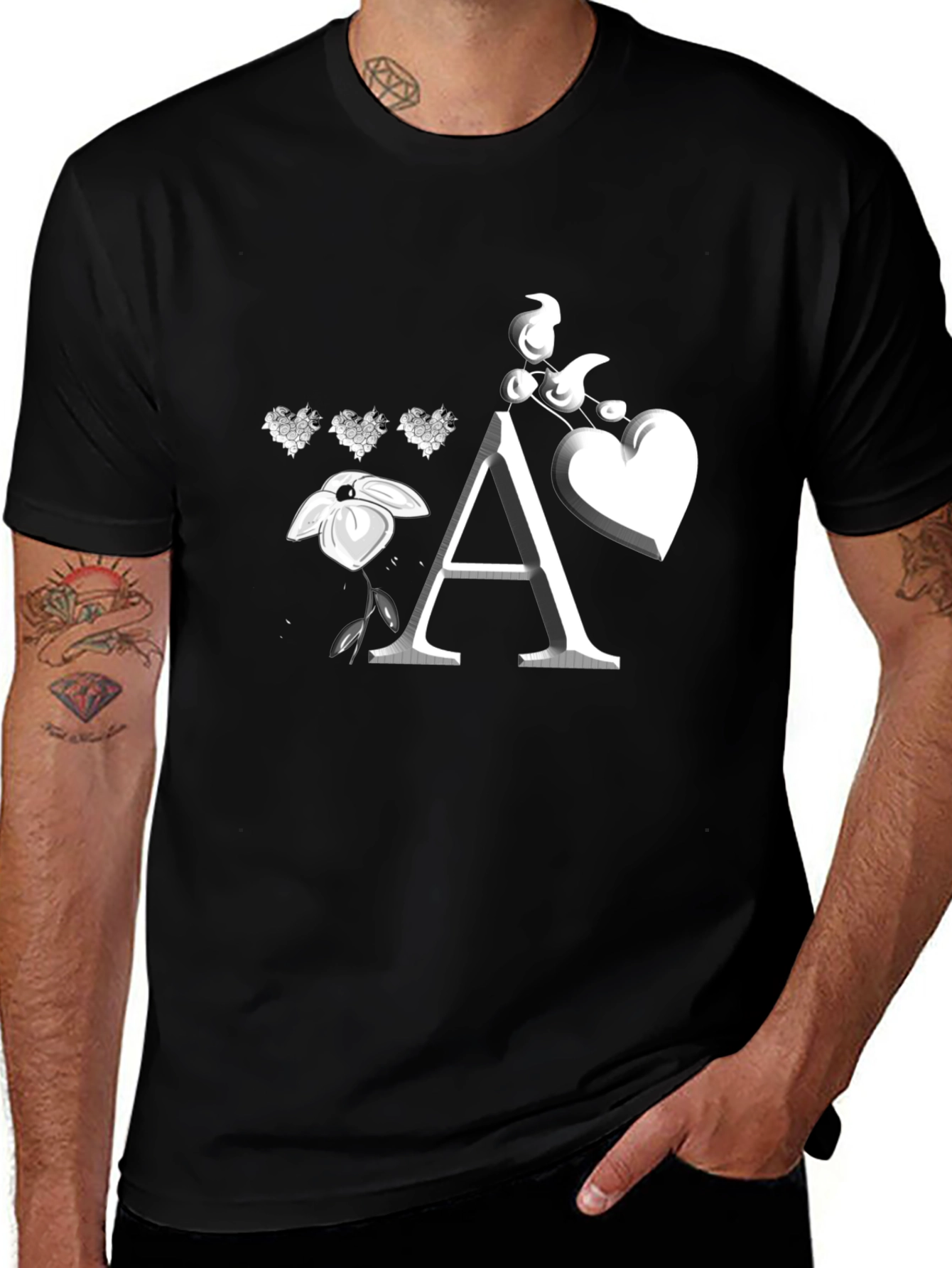 Floral Heart Initial A Black T-Shirt