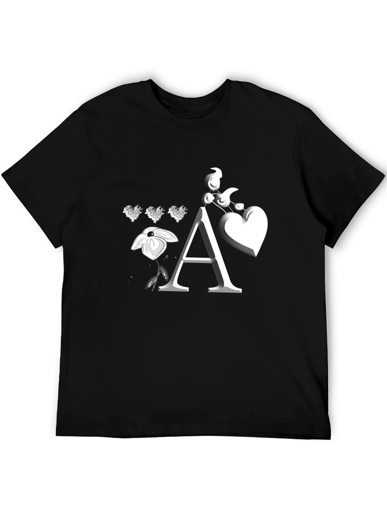 Floral Heart Initial A Black T-Shirt