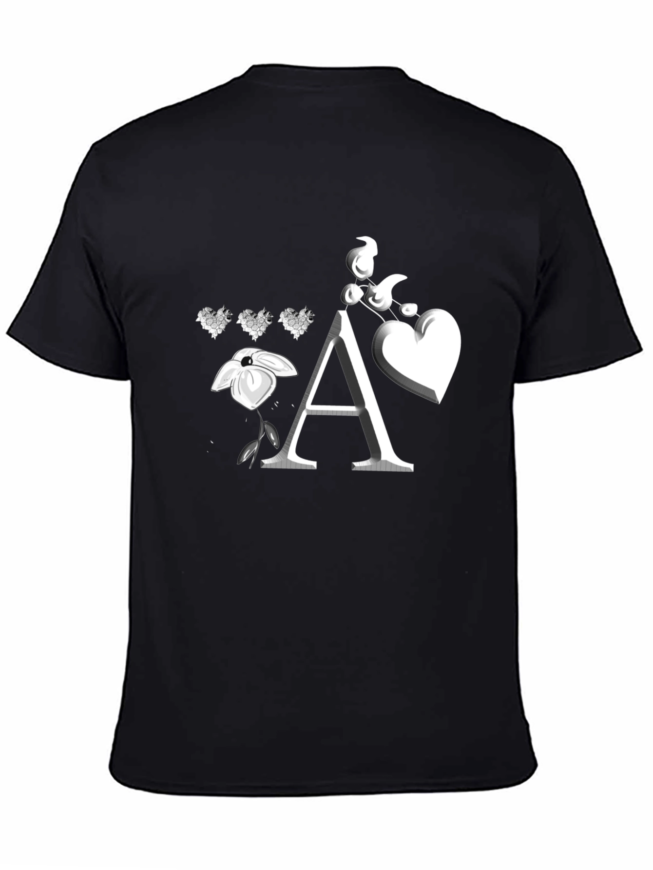 Floral Heart Initial A Black T-Shirt
