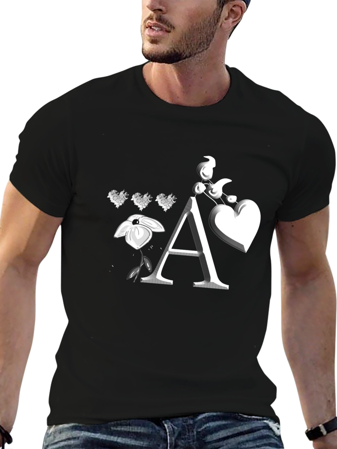 Floral Heart Initial A Black T-Shirt