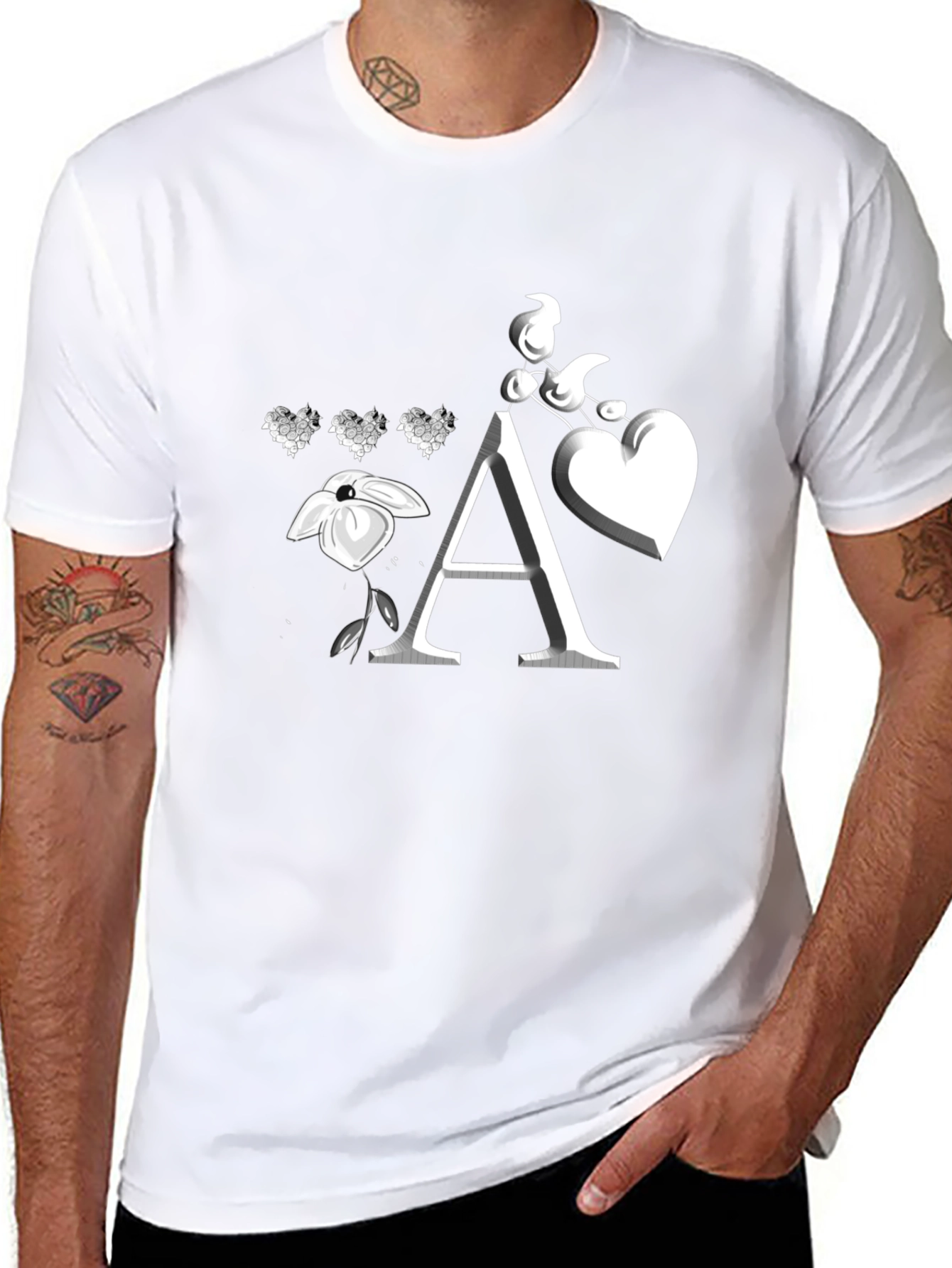 Floral Heart Initial A Black T-Shirt