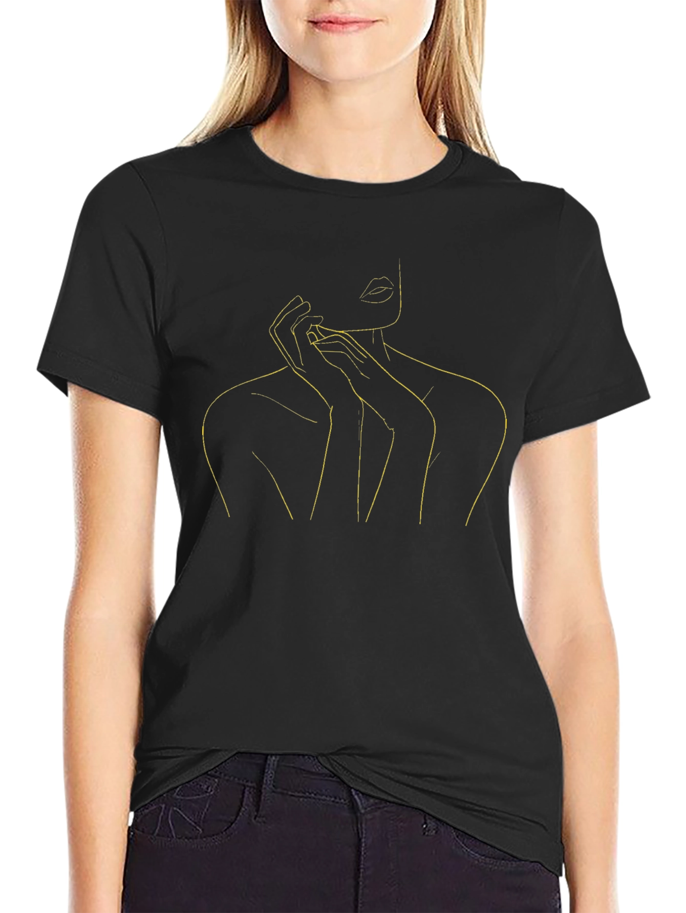 Minimalist Woman Line Art Black T-Shirt