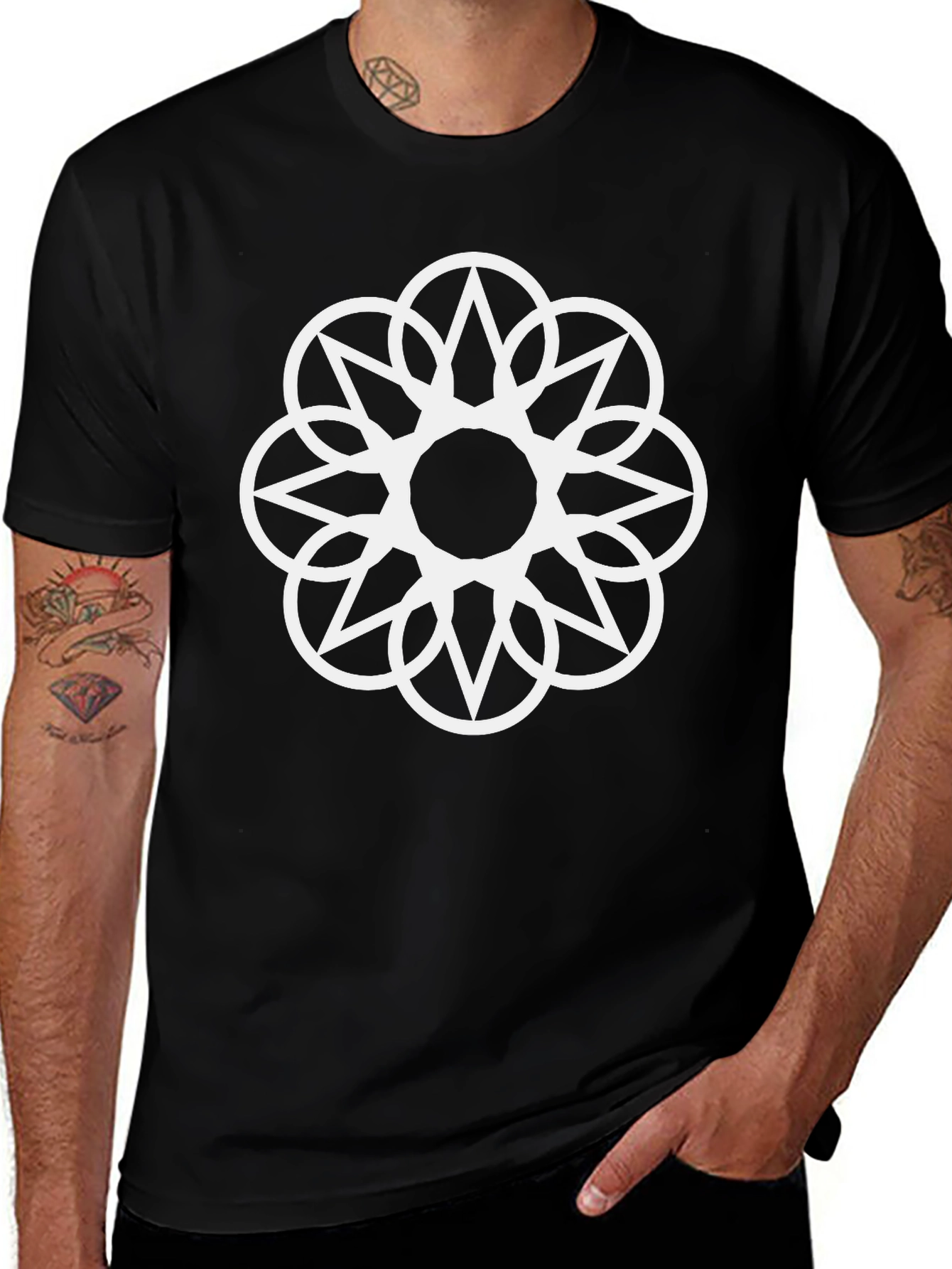 Geometric Flower Tee - Stylish Black Cotton Shirt