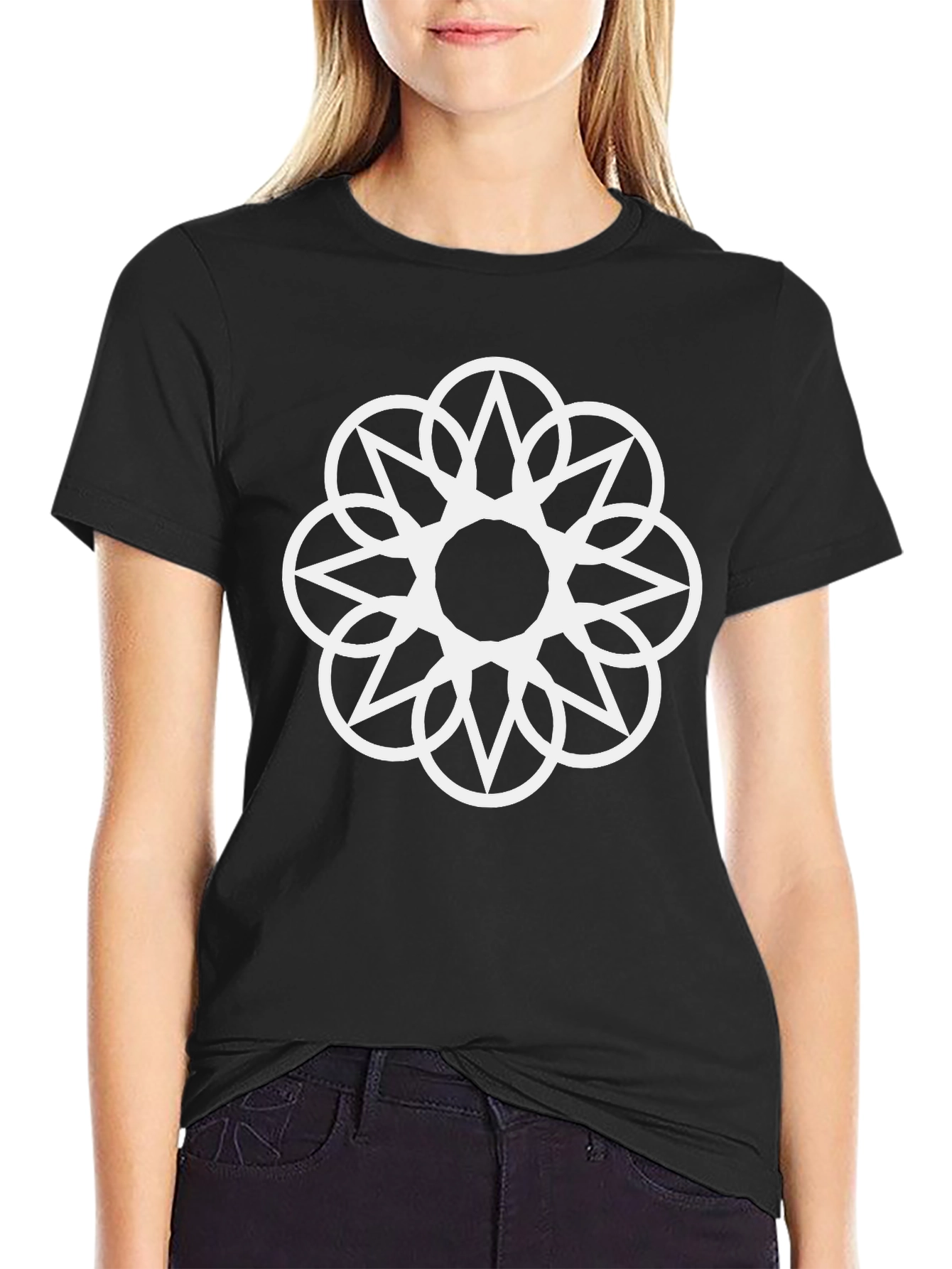 Geometric Flower Tee - Stylish Black Cotton Shirt