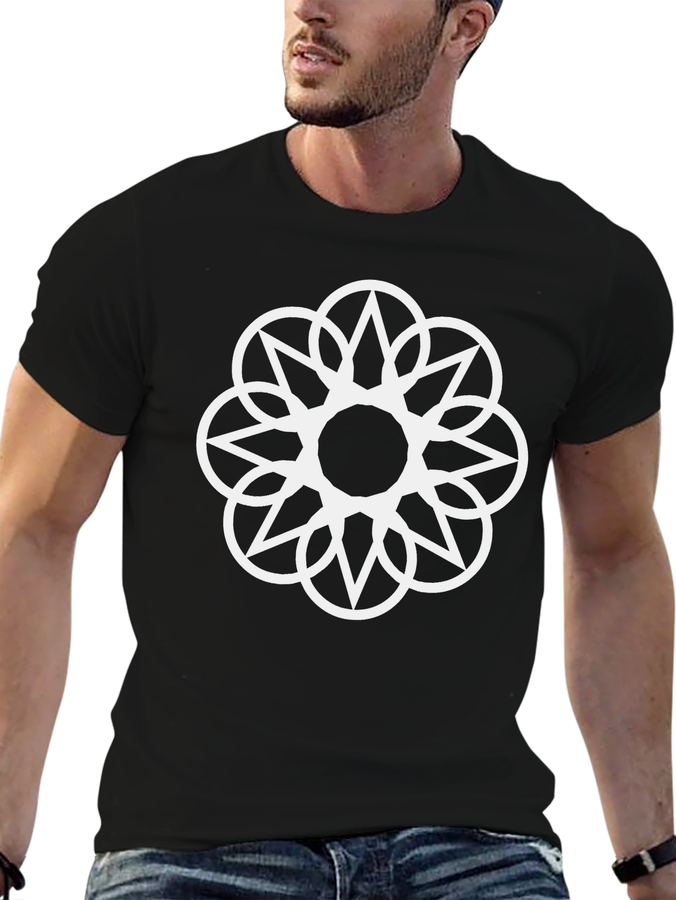 Geometric Flower Tee - Stylish Black Cotton Shirt