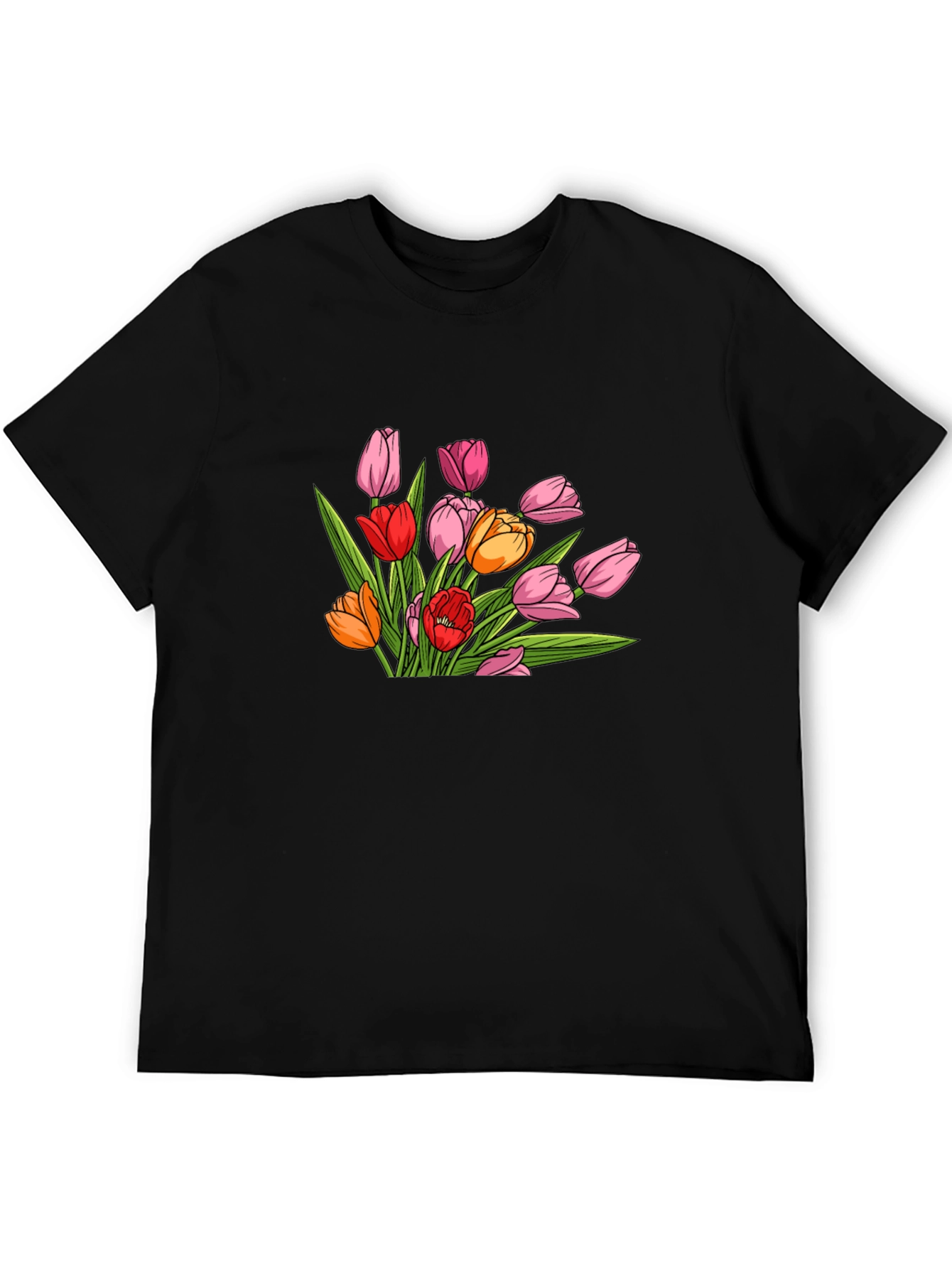 Floral Tulip Graphic Print Black T-Shirt