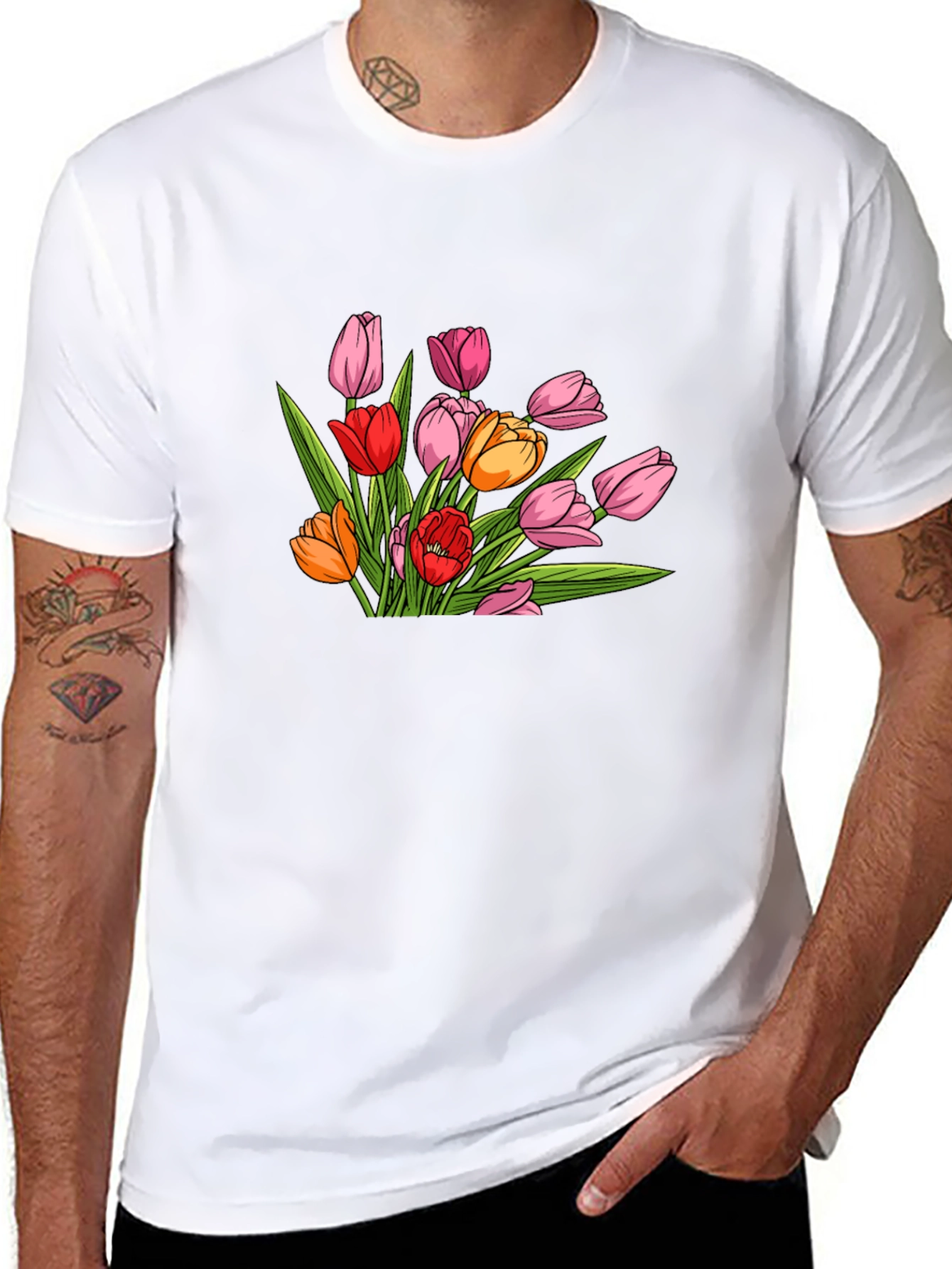 Floral Tulip Graphic Print Black T-Shirt