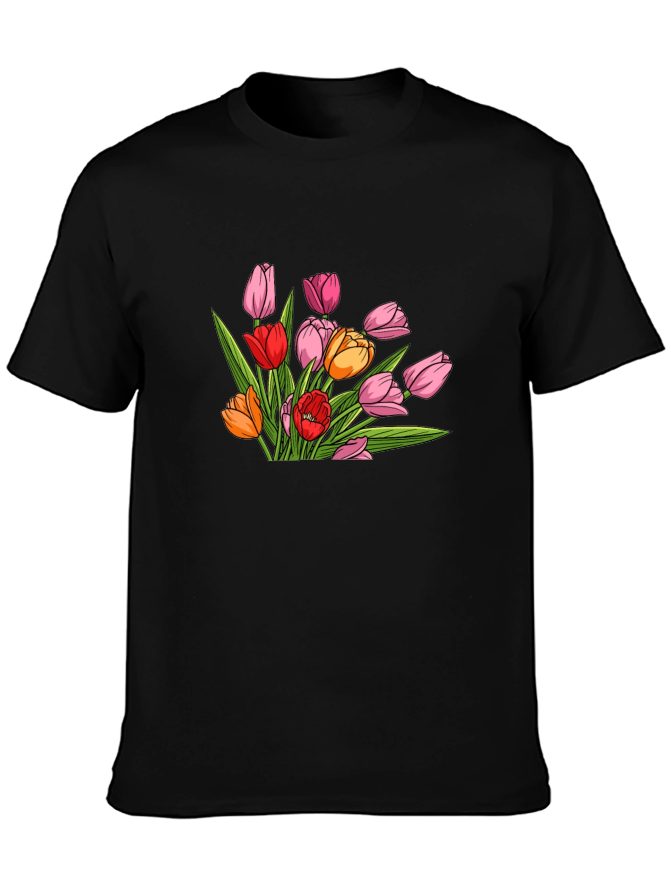 Floral Tulip Graphic Print Black T-Shirt