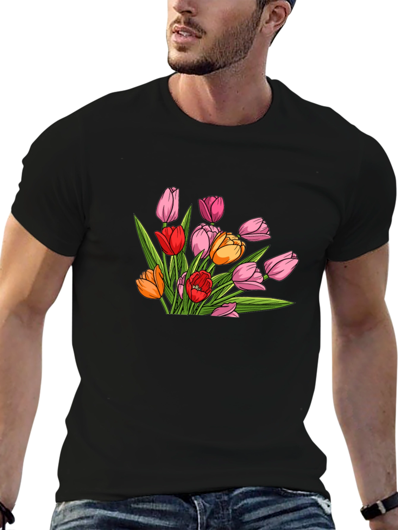 Floral Tulip Graphic Print Black T-Shirt