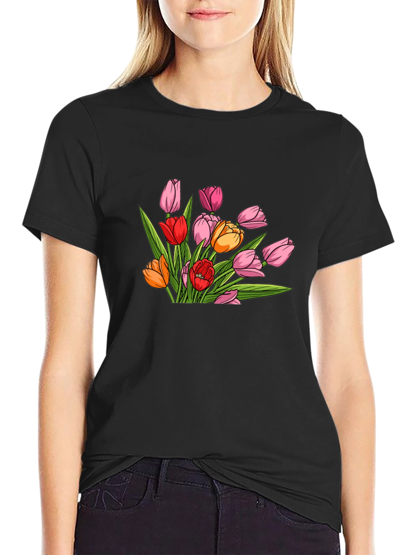 Floral Tulip Graphic Print Black T-Shirt