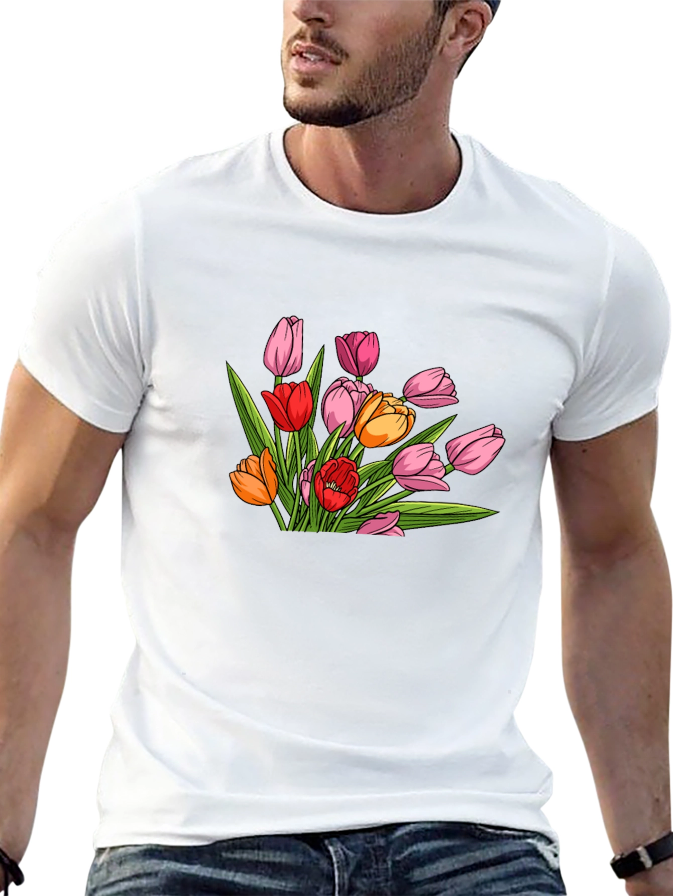 Floral Tulip Graphic Print Black T-Shirt