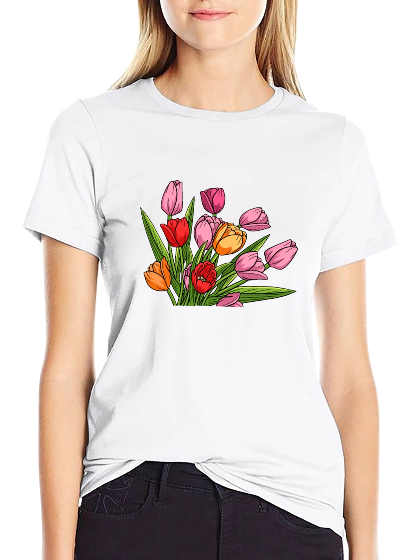 Floral Tulip Graphic Print Black T-Shirt