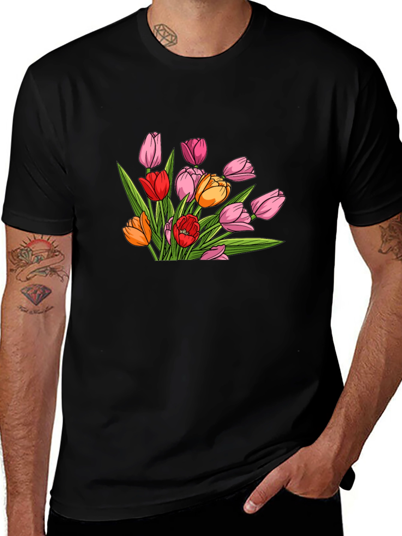 Floral Tulip Graphic Print Black T-Shirt