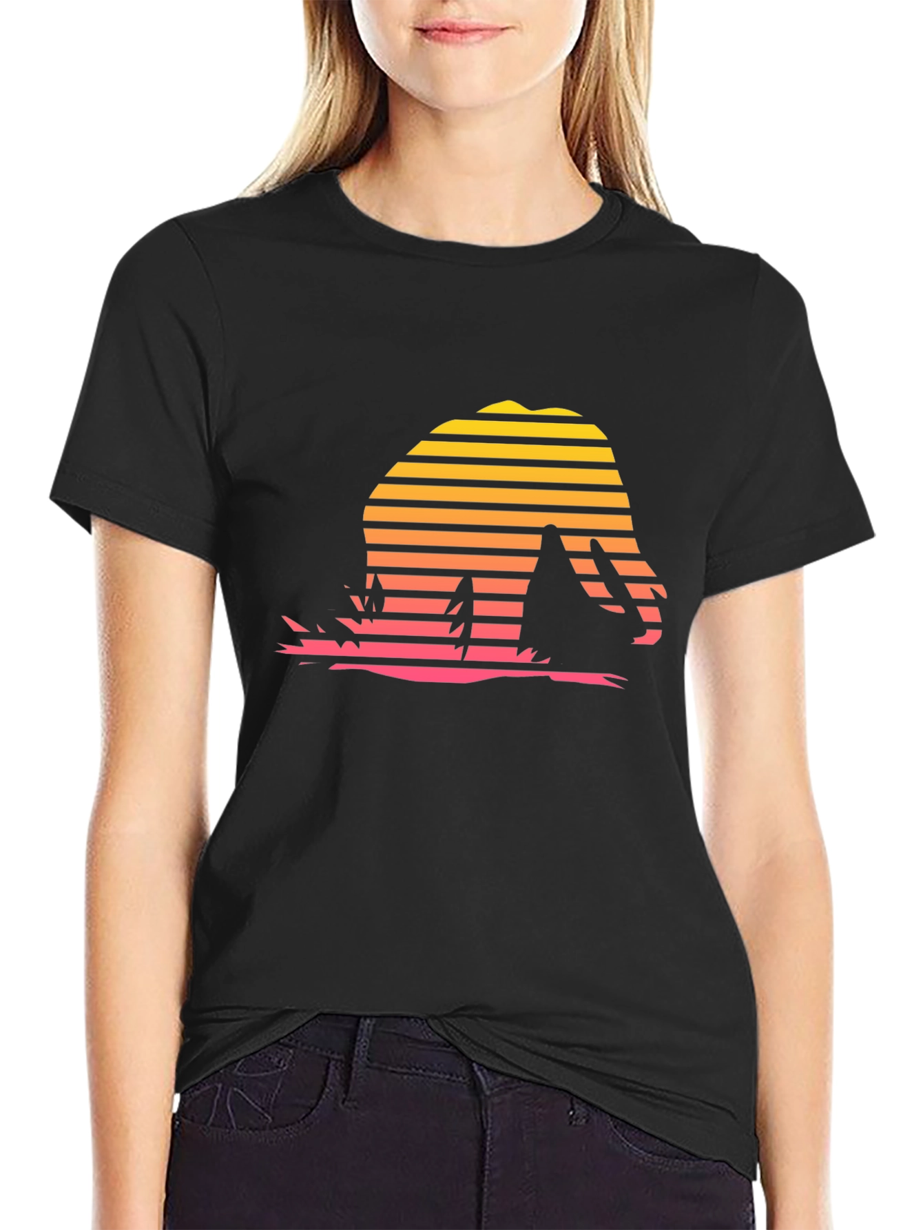 Retro Sunset Dinosaur T-Shirt - Black