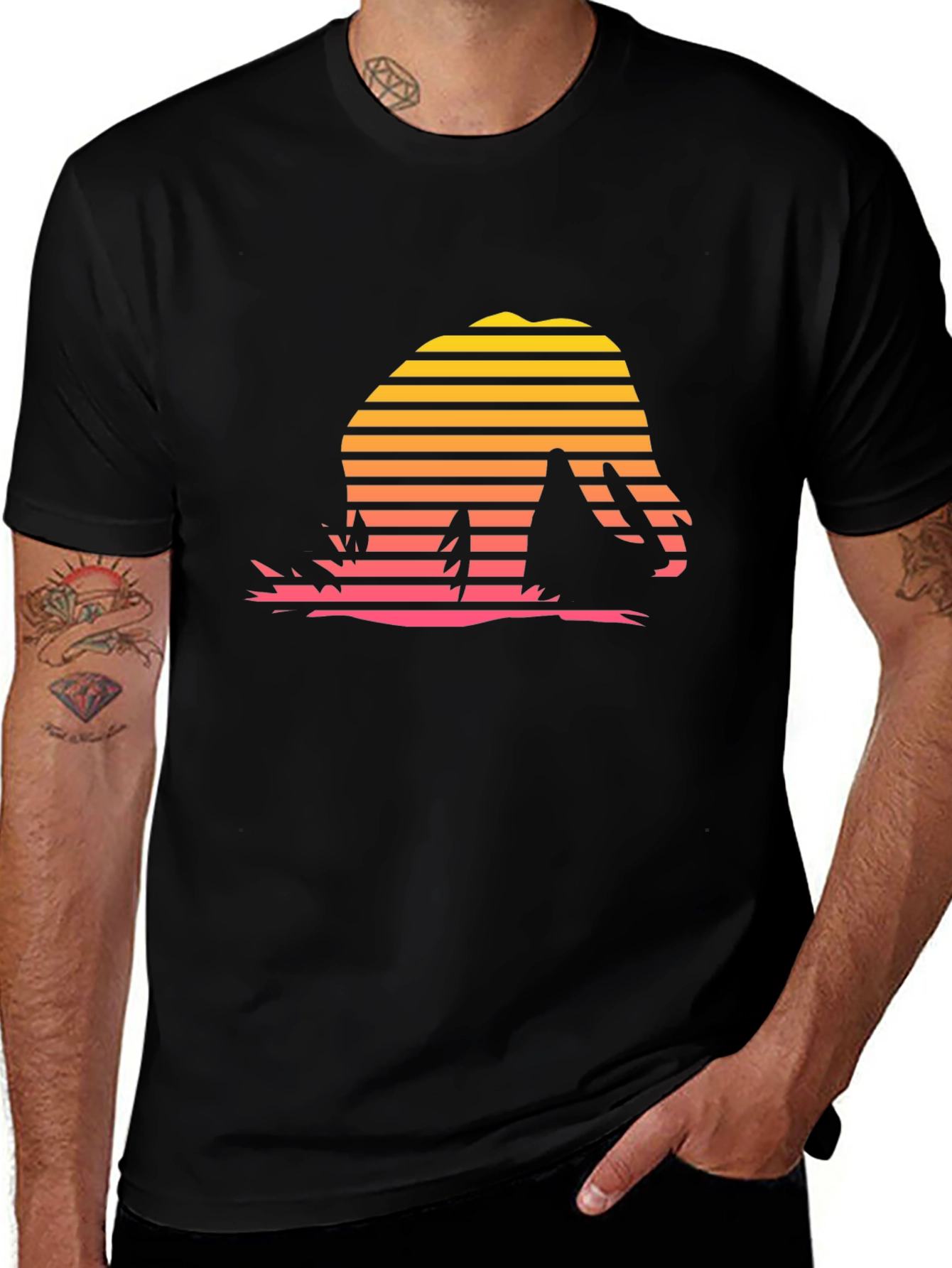 Retro Sunset Dinosaur T-Shirt - Black