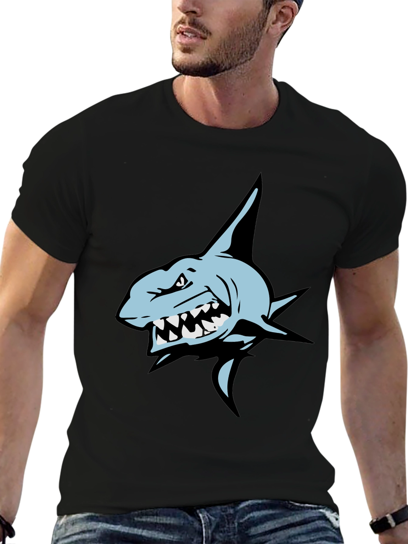 Mens Black T-Shirt with Shark Graphic