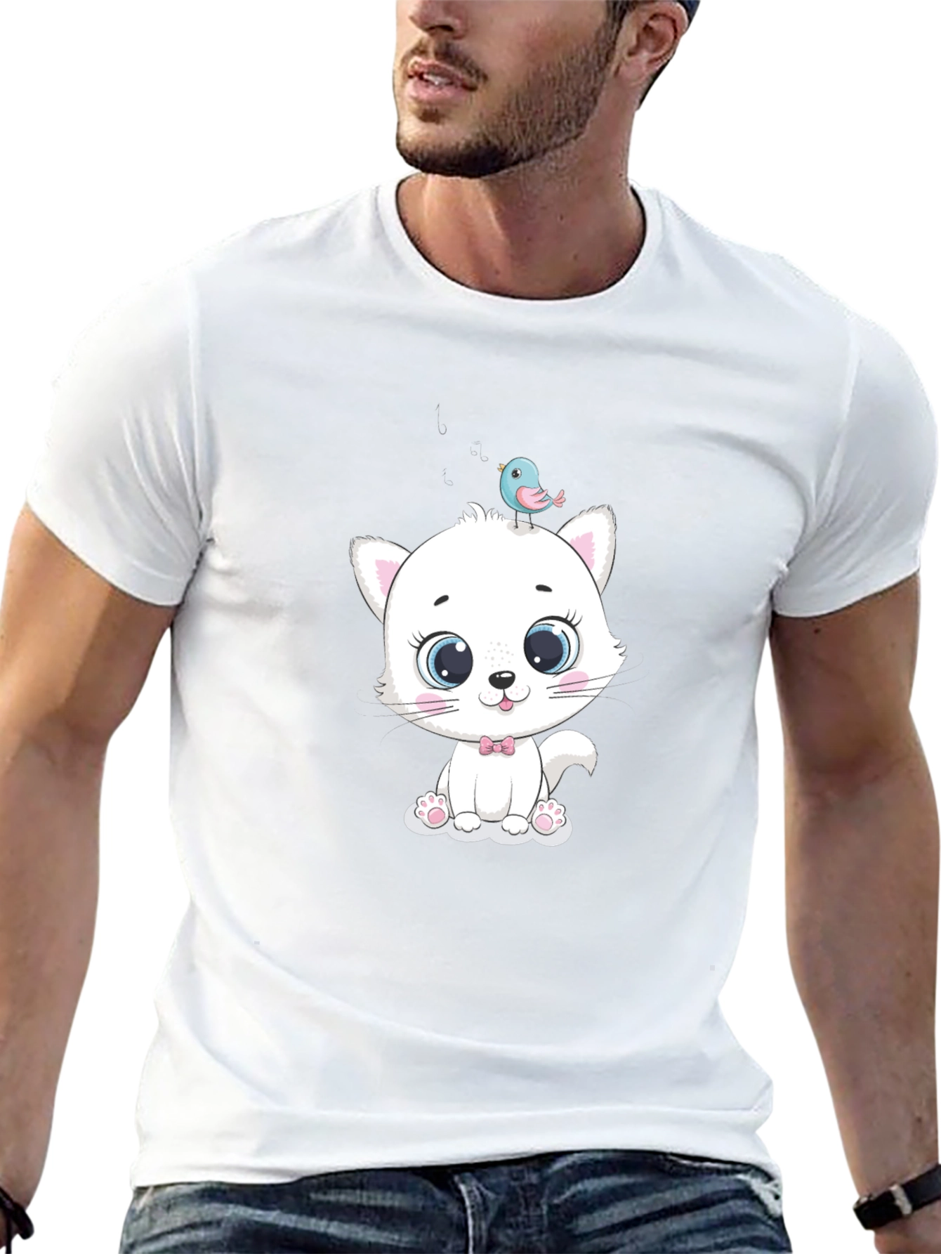 Cute Cat & Bird Graphic Tee - Trendy Style