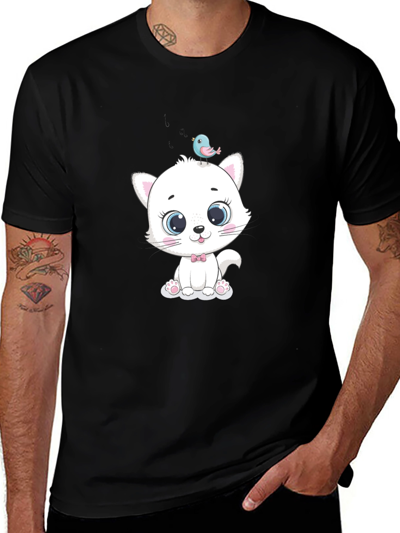 Cute Cat & Bird Graphic Tee - Trendy Style