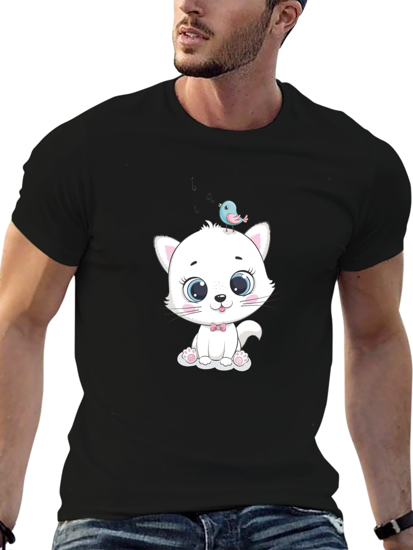 Cute Cat & Bird Graphic Tee - Trendy Style