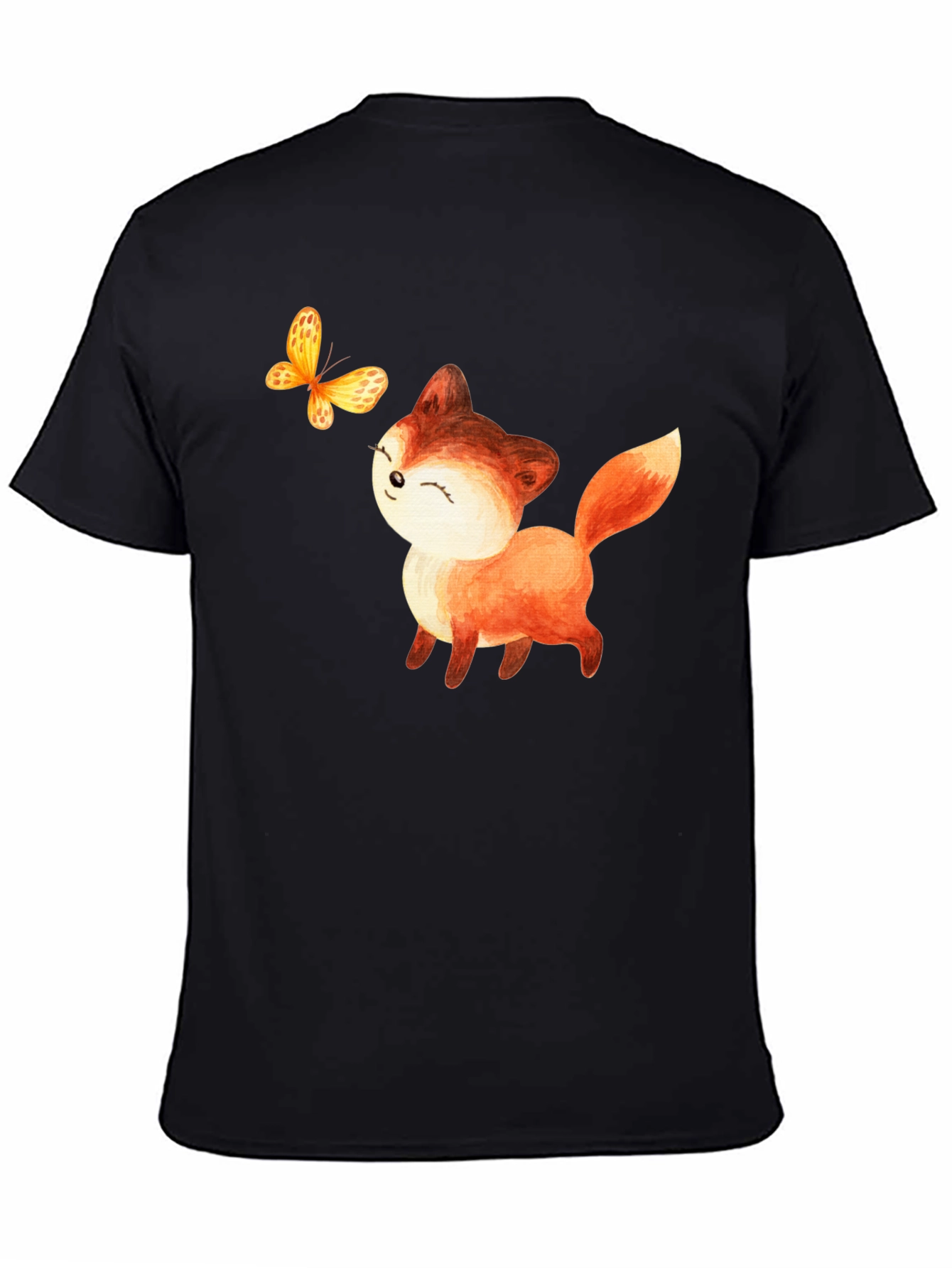 Cute Fox & Butterfly Graphic T-Shirt - Black