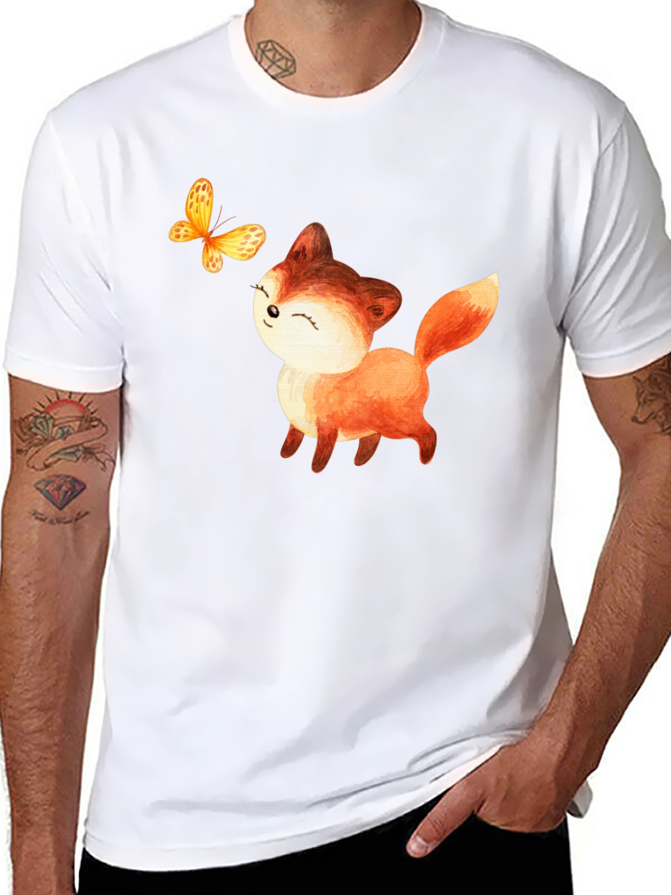 Cute Fox & Butterfly Graphic T-Shirt - Black