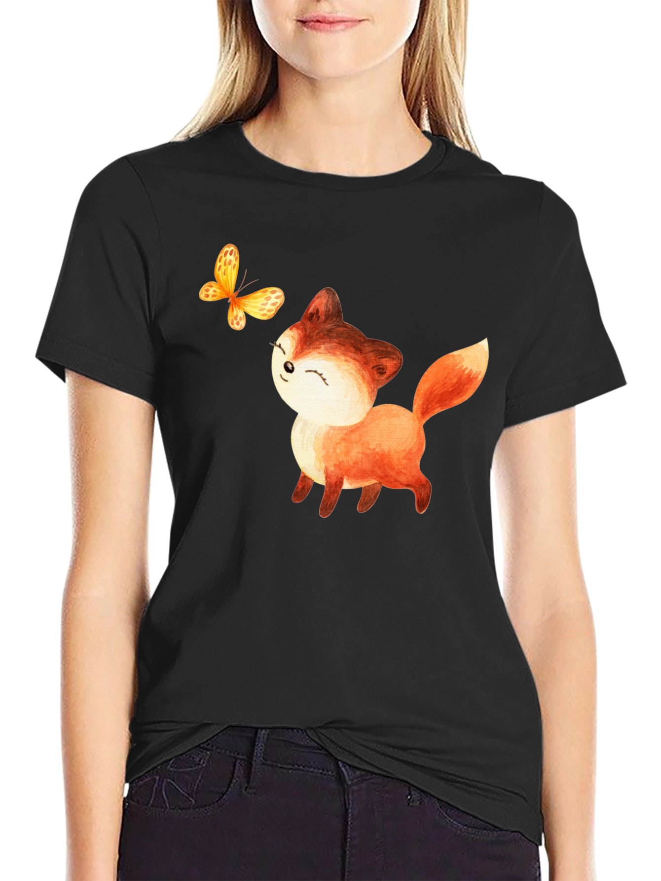 Cute Fox & Butterfly Graphic T-Shirt - Black