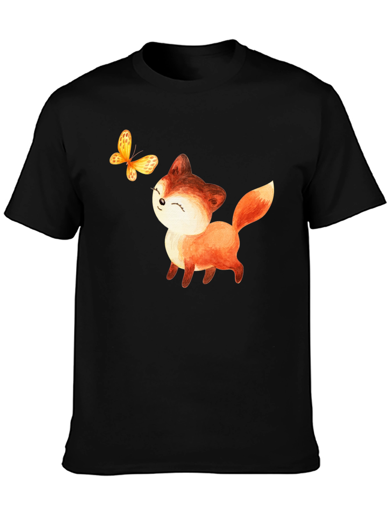 Cute Fox & Butterfly Graphic T-Shirt - Black