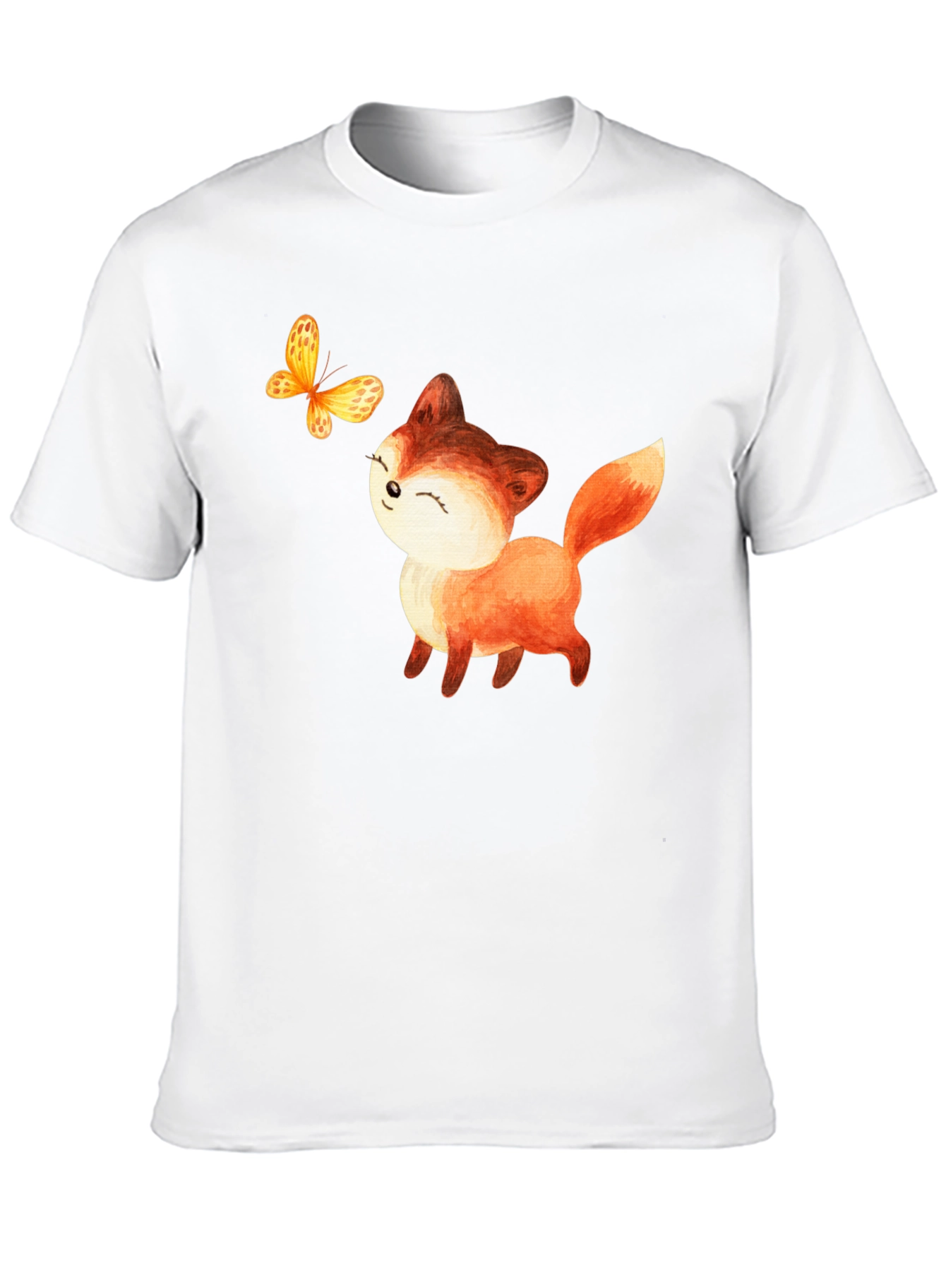 Cute Fox & Butterfly Graphic T-Shirt - Black