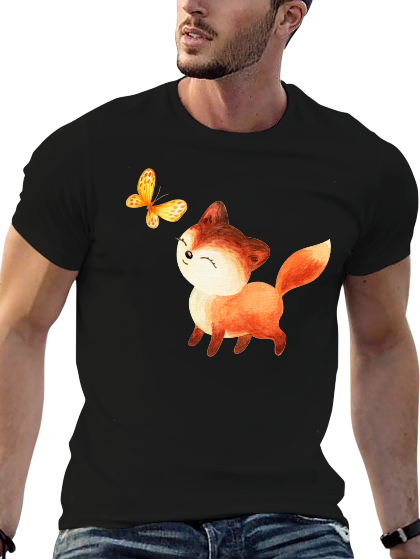 Cute Fox & Butterfly Graphic T-Shirt - Black