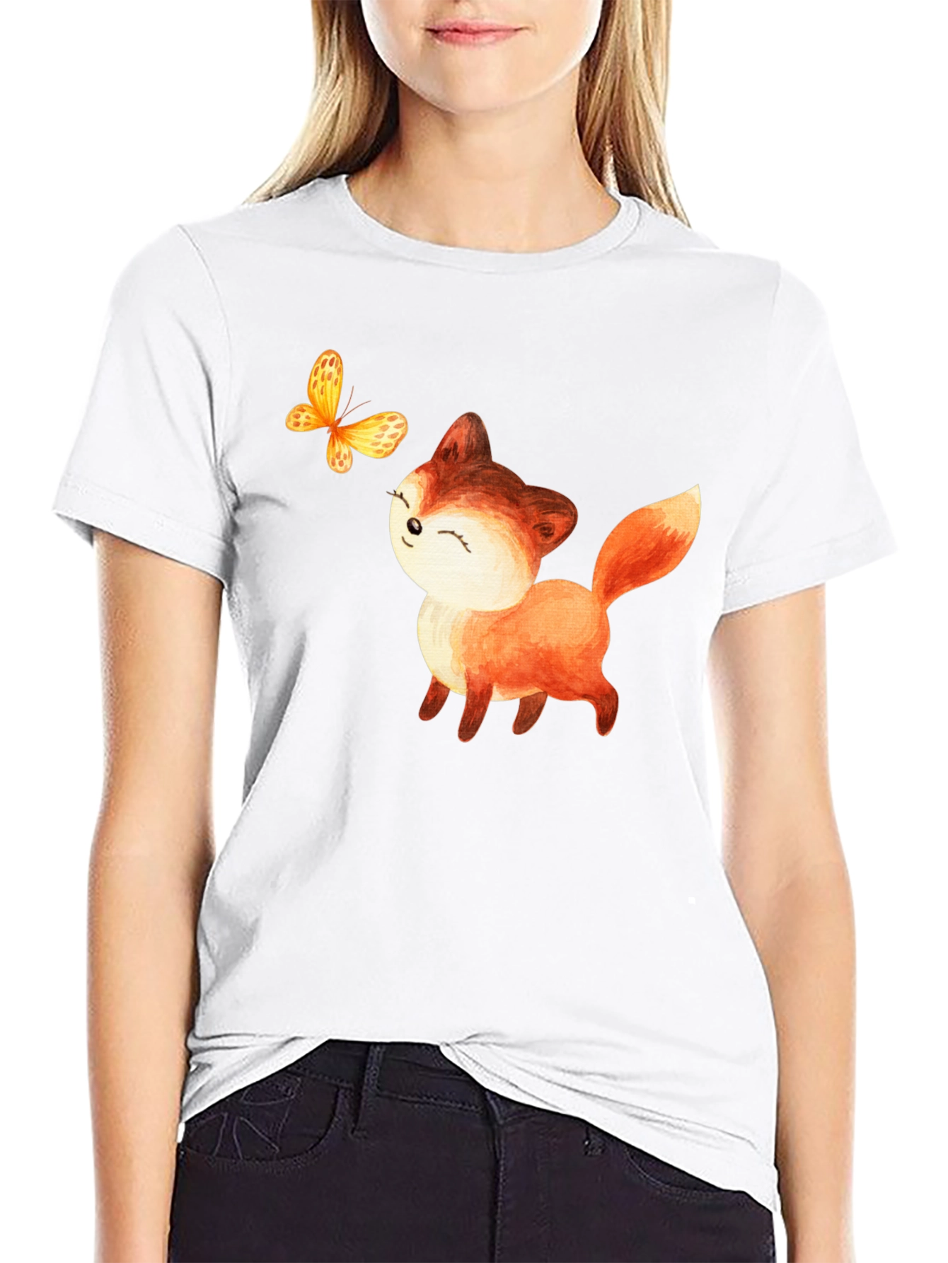 Cute Fox & Butterfly Graphic T-Shirt - Black