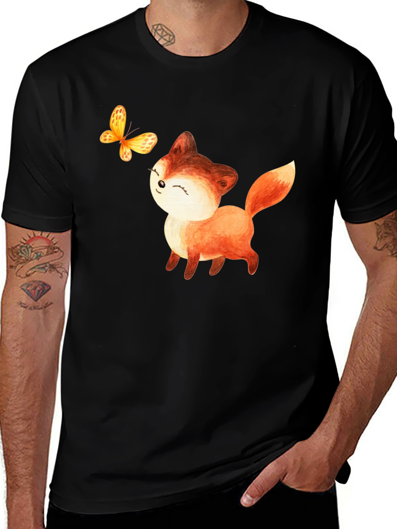 Cute Fox & Butterfly Graphic T-Shirt - Black
