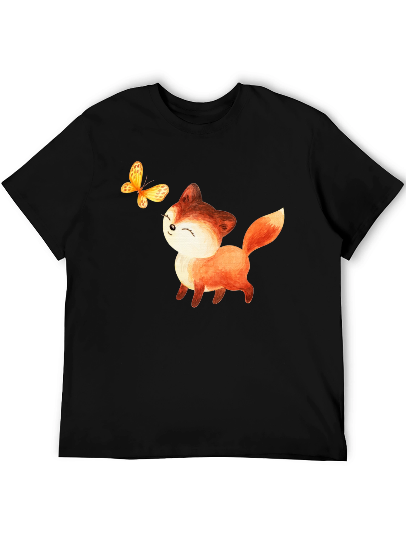 Cute Fox & Butterfly Graphic T-Shirt - Black