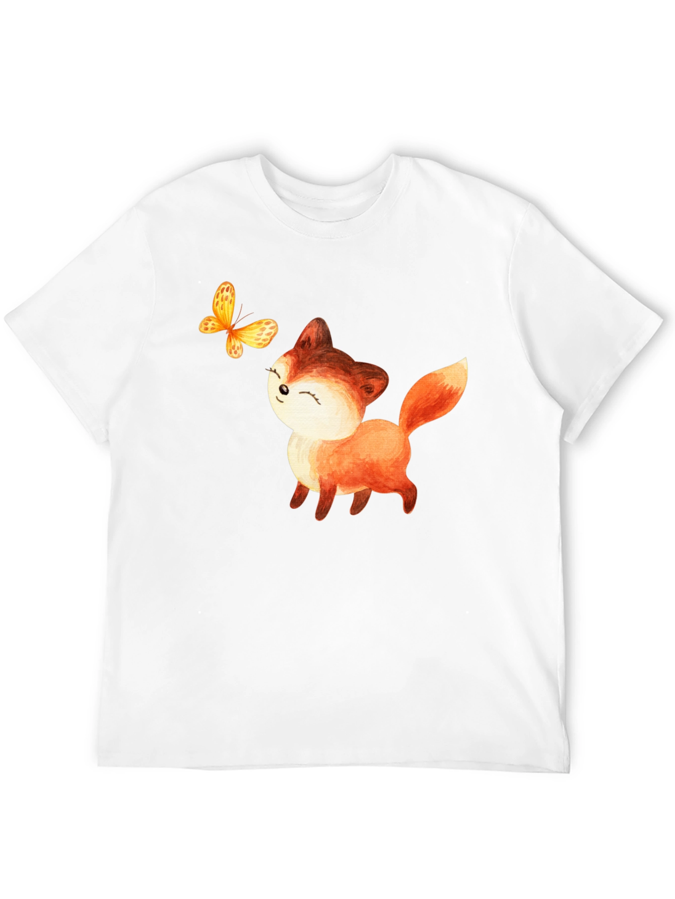 Cute Fox & Butterfly Graphic T-Shirt - Black