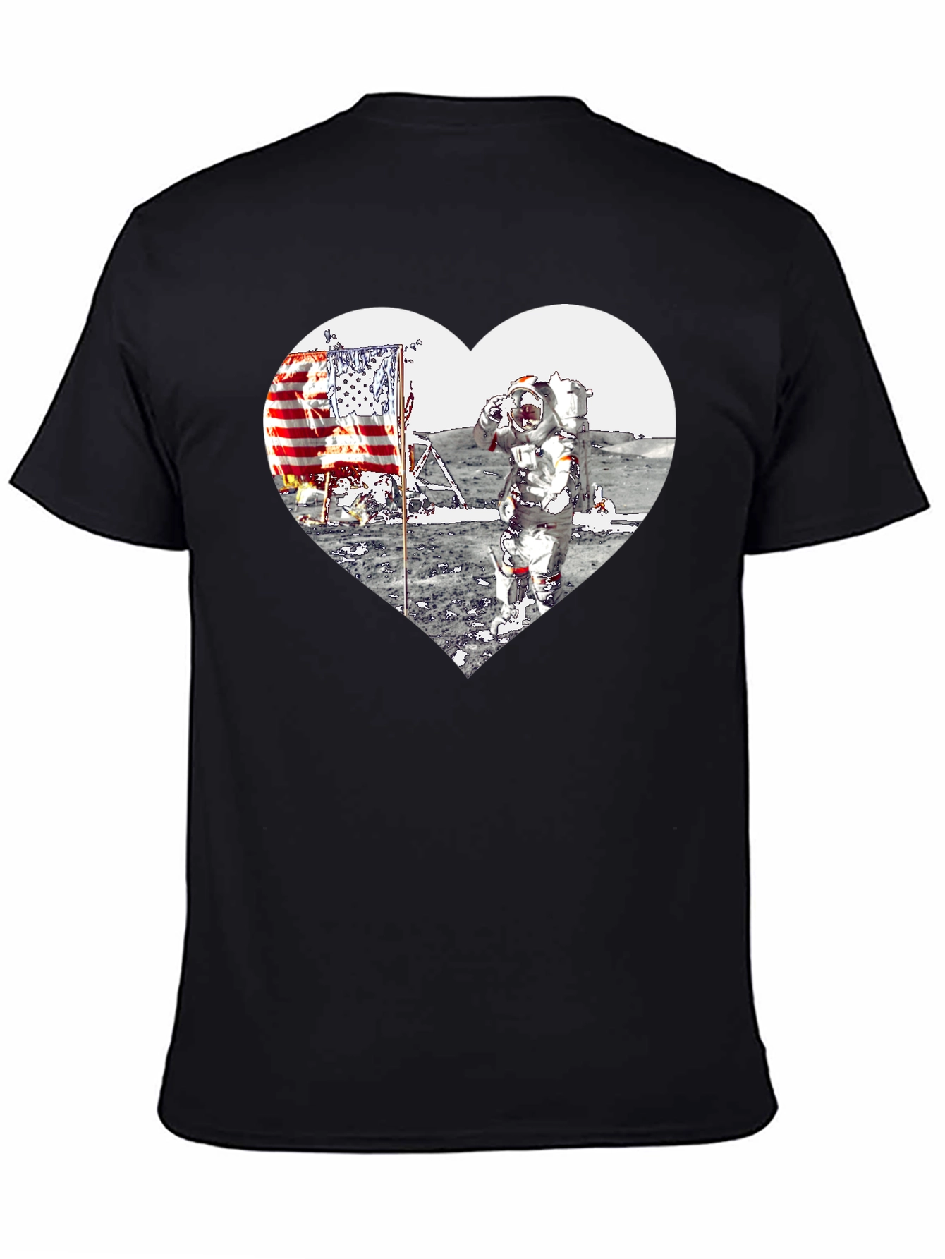 Astronaut Moon Landing Heart Graphic Black T-Shirt
