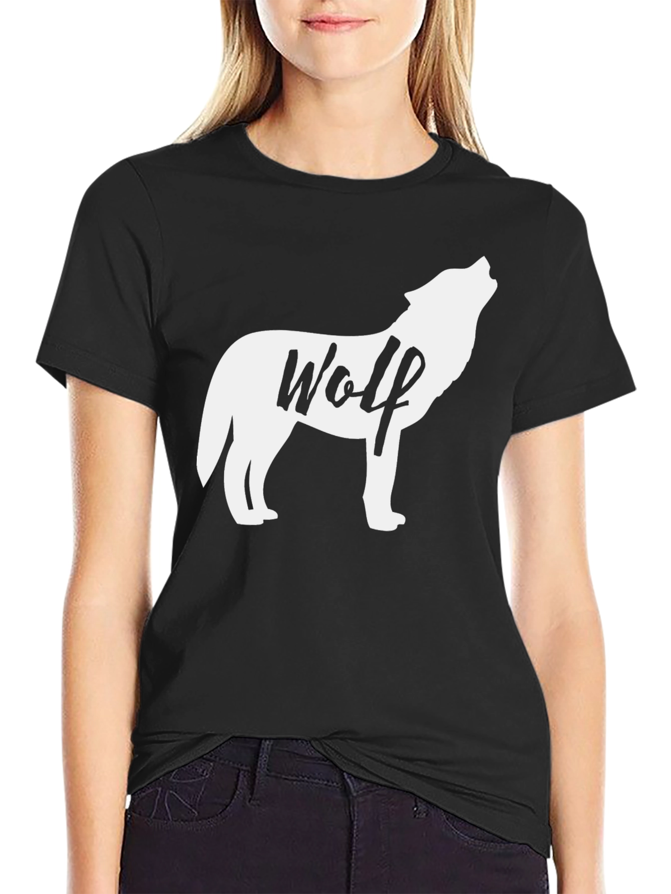 Wolf Silhouette Graphic T-Shirt - Black Crew Neck Tee