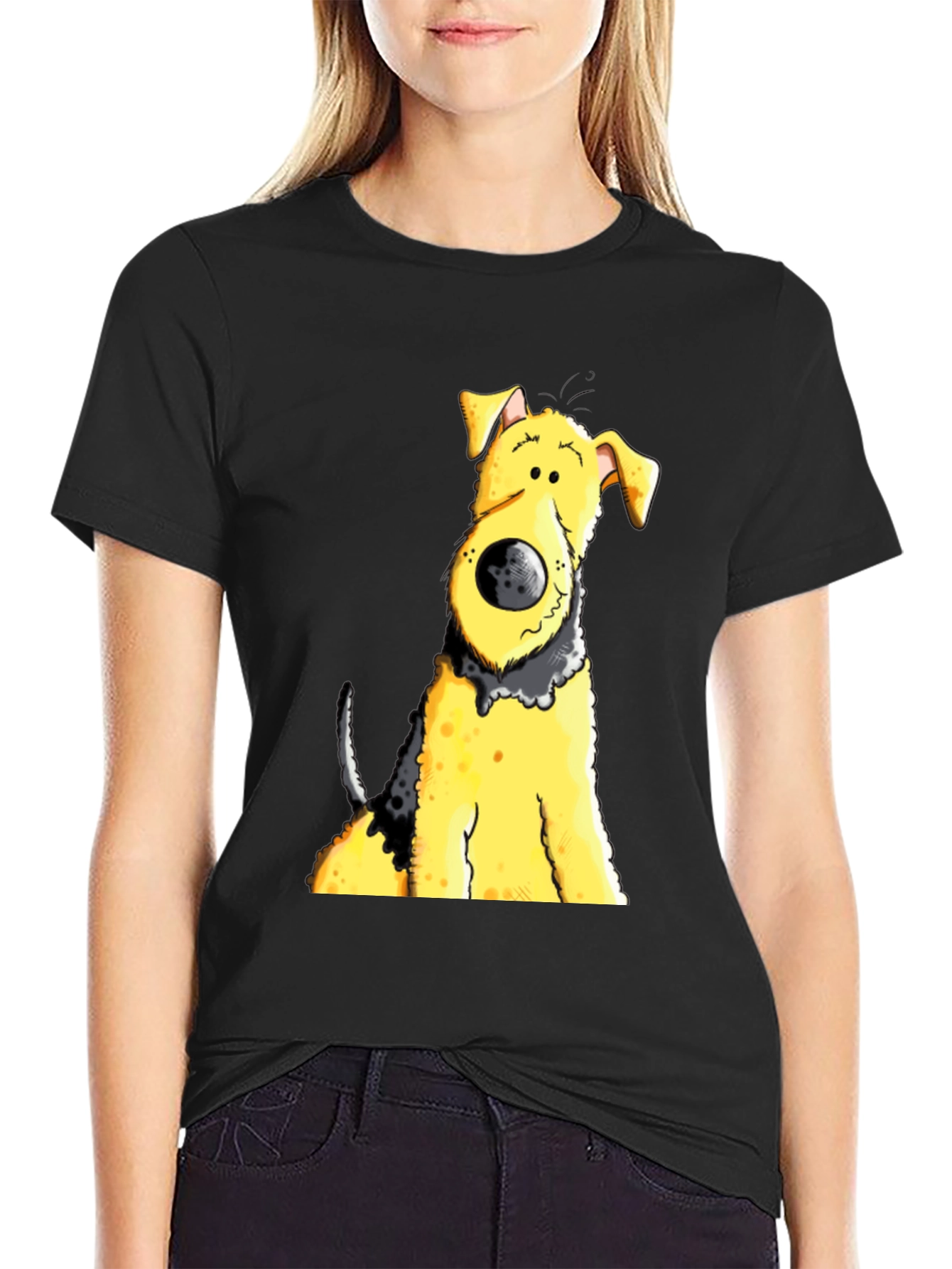 Cartoon Dog Graphic Tee - Black Cotton Blend