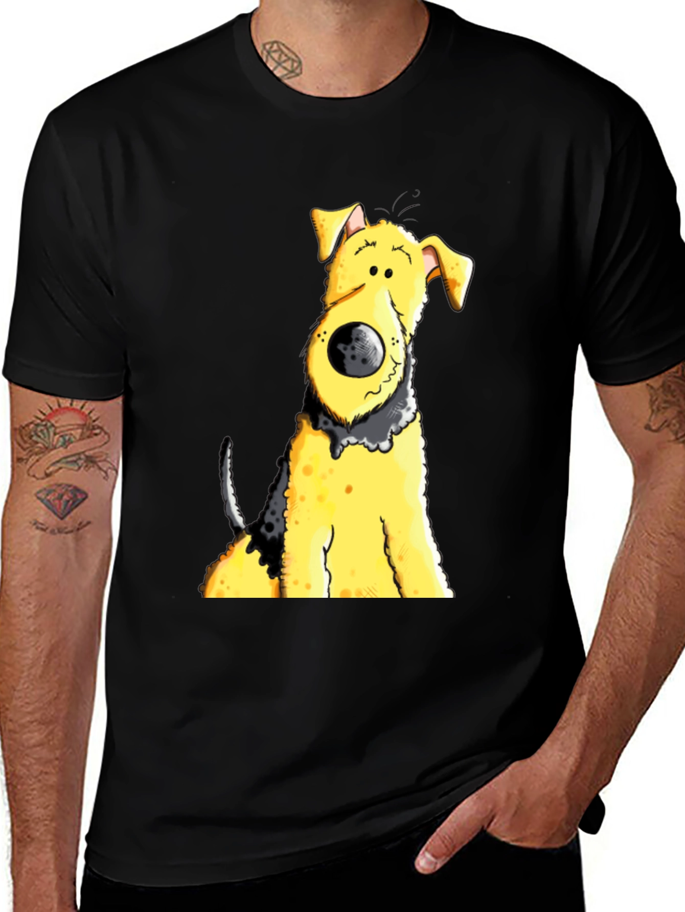 Cartoon Dog Graphic Tee - Black Cotton Blend