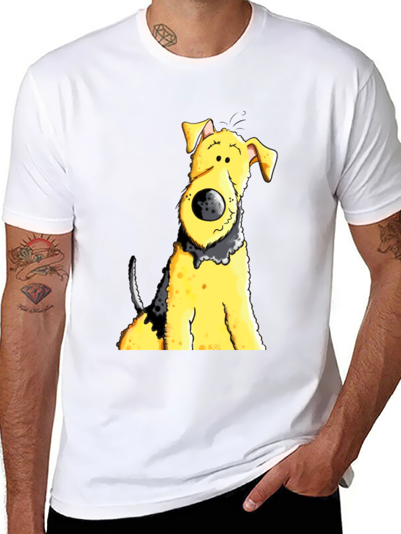 Cartoon Dog Graphic Tee - Black Cotton Blend