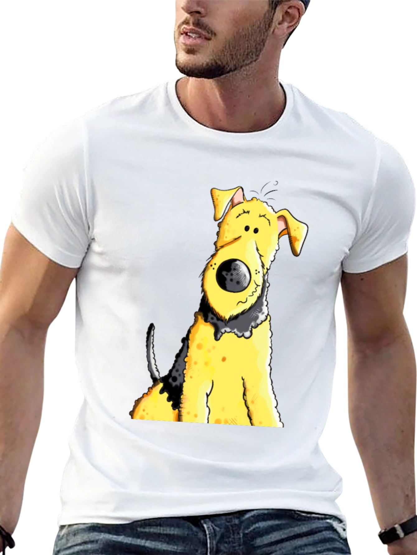 Cartoon Dog Graphic Tee - Black Cotton Blend