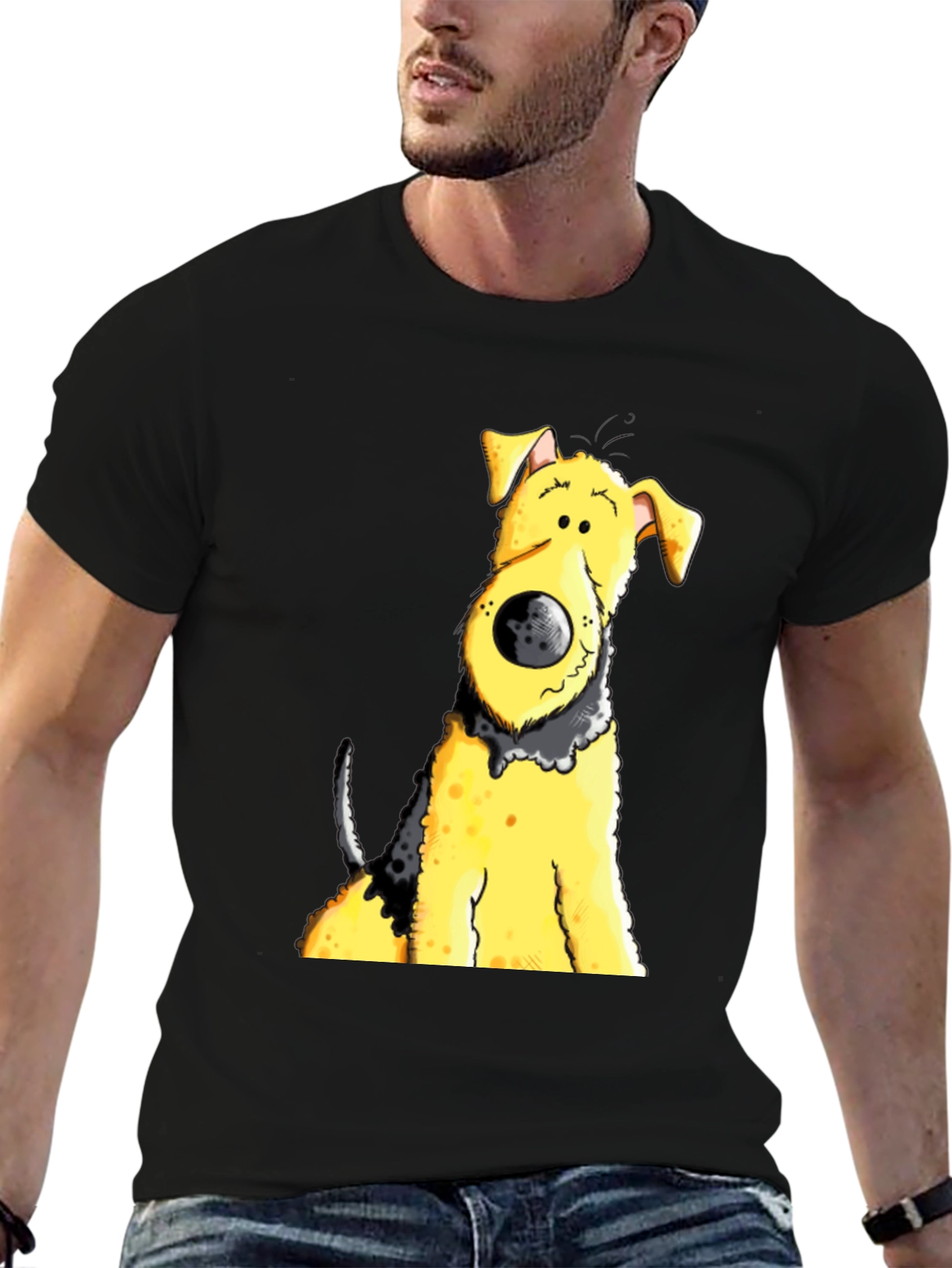 Cartoon Dog Graphic Tee - Black Cotton Blend