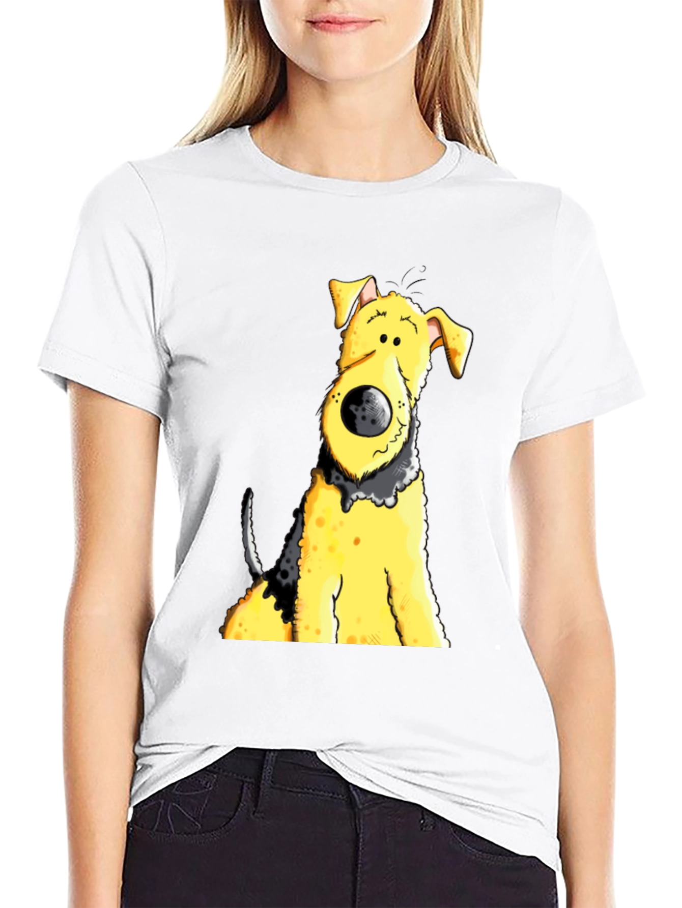 Cartoon Dog Graphic Tee - Black Cotton Blend