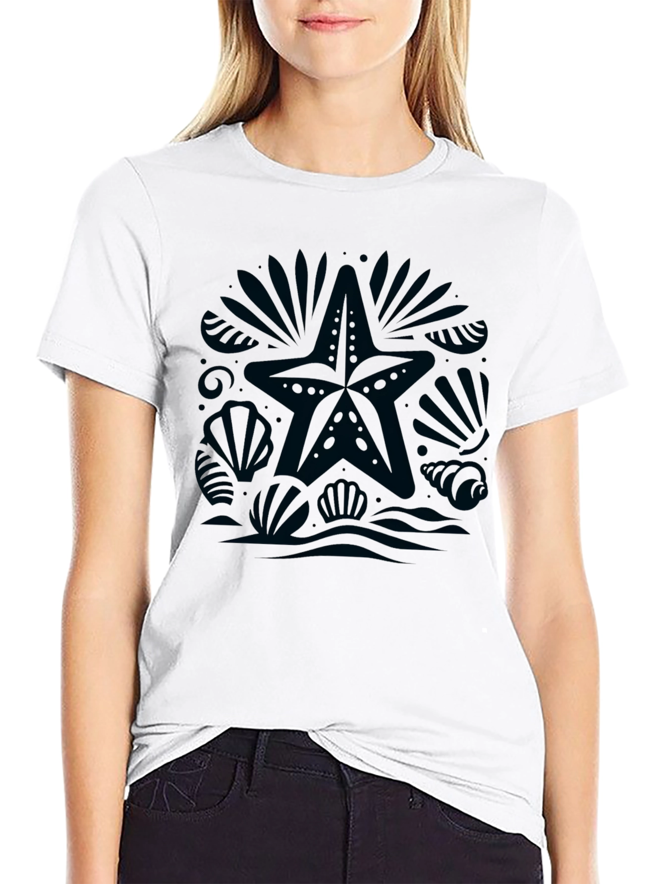 Coastal Graphic Tee - Black Cotton Starfish Design