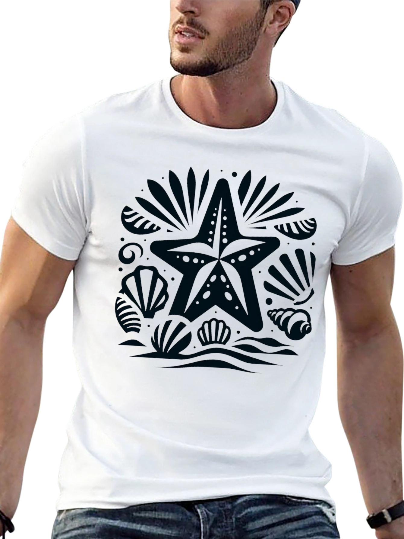 Coastal Graphic Tee - Black Cotton Starfish Design