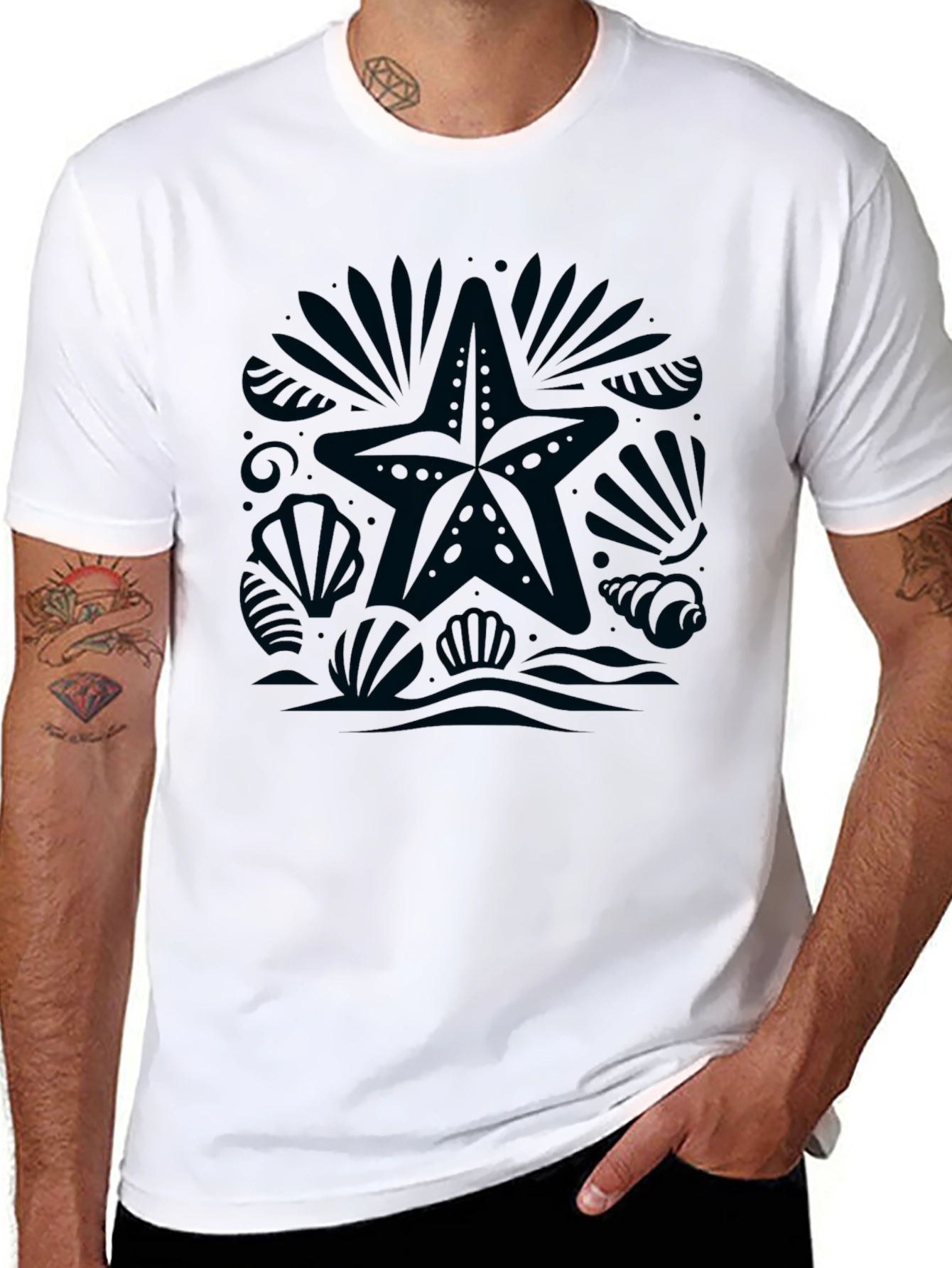 Coastal Graphic Tee - Black Cotton Starfish Design